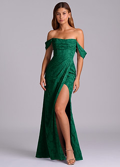Azazie Johana Bridesmaid Dresses Emerald Mermaid Off the Shoulder Floral Burnout Convertible Dress image4