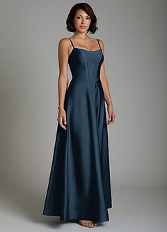 Azazie Nona Bridesmaid Dresses Dark Navy A-Line Pleated Stretch Satin Dress image5
