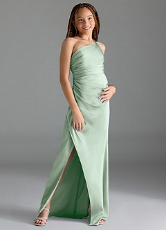 Azazie Eren Junior Agave Sheath Pleated Stretch Satin Dress image3