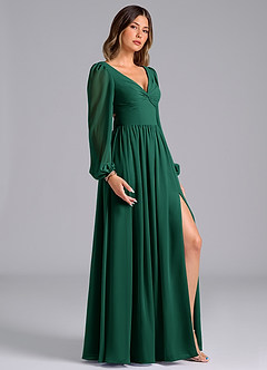 Azazie Zeya Bridesmaid Dresses Emerald A-Line Long Sleeve Chiffon Dress image3