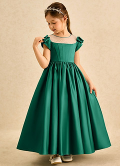 Azazie Toffee Blumenmädchenkleider Ballkleid Schleifen Matte Satin Kleid Smaragd image4