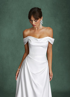 Azazie Brittney Wedding Dresses Diamond White A-Line Off the Shoulder Stretch Satin Dress image5