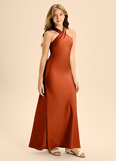 Azazie Doretta Junior Paprika A-Line Pleated Stretch Satin Dress image6