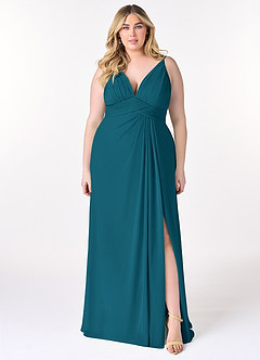 Azazie Maren Allure Brautjungfernkleider A-Linie V-Hals Spitze Chiffon Kleid Tintenblau image6
