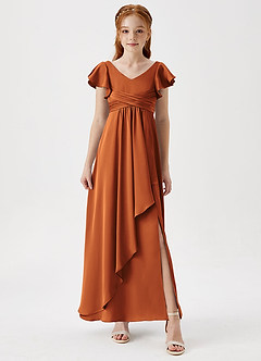 Azazie Omari Junior Cinnamon A-Line Pleated Stretch Satin Dress image4