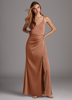Azazie Shania Bridesmaid Dresses Bronzer Sheath V-Neck Pleated Stretch Satin Dress image3