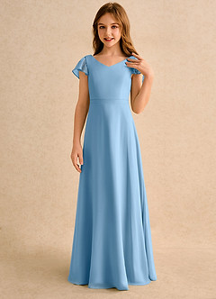 Azazie Nari Girls Formal Robe Demoiselle D'honneur Fillette Robe Trapèze en Mousseline de soie avec manches Acier Bleuté image5