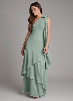 Azazie Monique Vestidos de damas de honor Vestido de Salvia Plateada de Gasa de Corte en A con Hombro unilateral image6