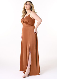 Azazie Dalilah Robes de demoiselle d'honneur Robe Trapèze en Satin extensible Col V plissé Cuivre image8