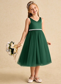 Azazie Firefly Blumenmädchenkleider A-Linie Schleifen Matte Satin Kleid Dunkelgrün image7