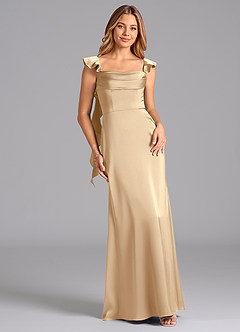 Azazie Adi Bridesmaid Dresses Champagne A-Line Pleated Stretch Satin Dress image1