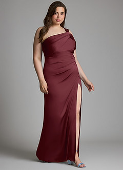 Azazie Wynter Vestidos de damas de honor Vestido Cabernet de Satén Elástico de Corte Recto con Un hombro image4