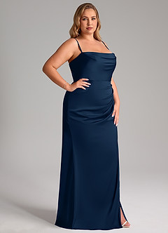 Azazie Leonis Brautjungfernkleider Wandelbar Meerjungfrau-Linie Plissee Stretch-Satin Kleid Dunkelmarine image14