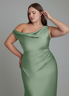 Azazie Emerson Vestidos de damas de honor Vestido Matcha de Satén Elástico de Corte Sirena con Hombros descubiertos image12