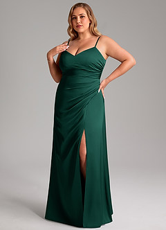 Azazie Azuree Bridesmaid Dresses Emerald A-Line Pleated Stretch Satin Dress image9