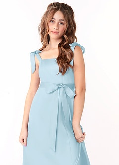 Azazie Barbara Junior Sky Blue A-Line Bow Stretch Satin Dress image5