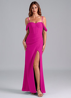 Azazie Asha Jurken voor bruidsmeisjes Converteerbaar Jurk van Chiffon met Kolom Off the Shoulder Fuchsia image7