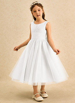 Azazie Macaron Robe Demoiselle D'honneur Fillette Robe Trapèze en Tulle Plissée Ivoire image4