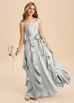 Azazie Peyton Junior Jurk van Stretch Satijn met A-Lijn Geplooid Zilver image1