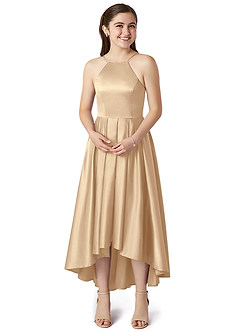 Azazie Jemima Junior Champagne A-Line with Pockets Stretch Satin Dress image4
