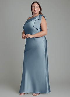 Azazie Yuanna Jurken voor bruidsmeisjes Jurk van Stretch Satijn met Zeemeermin One-shoulder Stoffig Blauw image13