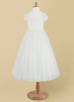 Azazie Little Flower Girl Dresses Diamond White A-Line Lace Tulle Dress image7