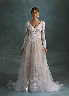 Azazie Leila Wedding Dresses Diamond White Nude A-Line V-Neck Sequins Tulle Dress image1