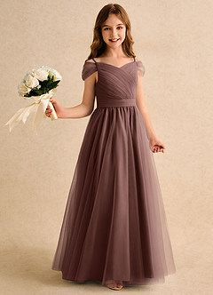 Azazie Yuna Girls Formal Abiti da Ragazza di Fiori Abito A-Line in Tulle Spalle Scoperte Espresso image1