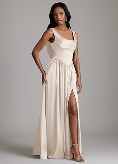 Azazie Novi Vestidos de damas de honor Vestido Alabastro Blanco de Satén Elástico de Línea A con con bolsillos image5
