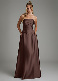 Azazie Amina Bridesmaid Dresses Ganache A-Line Corset Stretch Satin Dress image1