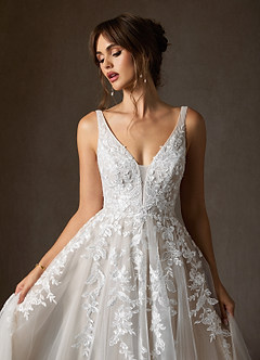 Azazie Sorella Wedding Dresses Diamond White A-Line V-Neck Sequins Tulle Dress image8