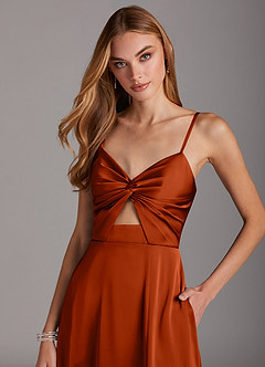 Azazie Jenna Robes de demoiselle d'honneur Robe Trapèze en Satin extensible Plissée Paprika image5