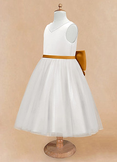 Azazie Seline Robe Demoiselle D'honneur Fillette Robe Trapèze en Tulle Arc Ivoire Caramel Au Beurre image8