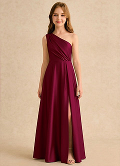 Azazie Puddles Girls Formal Robe Demoiselle D'honneur Fillette Robe Trapèze en Satin extensible Une épaule Bourgogne image6