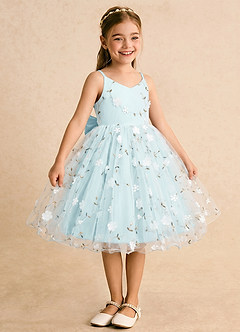 Azazie Junebug Flower Girl Dresses Sea Glass Ball-Gown Spaghetti Strap Tulle Dress image5