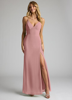 Azazie Becca Vestidos de damas de honor Vestido de Rosa Polvorienta de Gasa de Corte Recto con Cuello en V image4