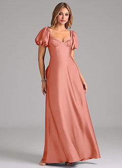 Azazie Fatima Bridesmaid Dresses Coral A-Line Pleated Stretch Satin Dress image1