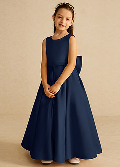 Azazie Pipsy Robe Demoiselle D'honneur Fillette Robe Trapèze en Mat Satiné Arc Bleu Marine Foncé image4