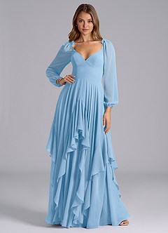 Azazie Karan Bridesmaid Dresses Powder Blue A-Line Long Sleeve Chiffon Dress image3