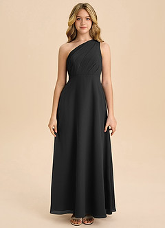 Azazie Phaedra Junior Jurk van Chiffon met A-Lijn Geplooid Zwart image4