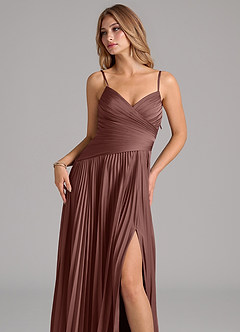 Azazie Vini Brautjungfernkleider A-Linie Plissee Stretch-Satin Kleid Espresso image2