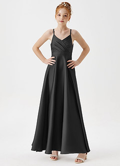 Azazie Avelina Junior Black A-Line Pleated Stretch Satin Dress image3