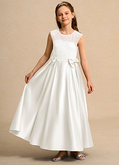 Azazie Candy Girl Jurken voor bloemenmeisjes Baljurk Jurk van Mat Satijn Boog Ivoor image4