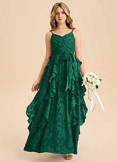 Azazie Peyton Junior A-Linie Plissee Blumen-Burnout Kleid Smaragd image1