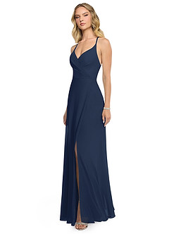 Azazie Davis Robes de demoiselle d'honneur Robe Trapèze en Mousseline de soie Col en V Bleu Marine Foncé image3