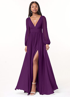 Azazie Norah Bridesmaid Dresses Grape A-Line V-Neck Long Sleeve Chiffon Dress image1