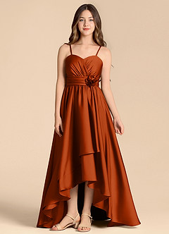 Azazie Catalina Junior Abito A-Line in Raso Elasticizzato Scollo a Cuore Arancia Bruciata image1