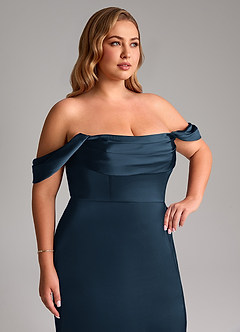 Azazie Saige Vestidos de damas de honor Vestido Azul Marino Oscuro de Satén Elástico de Corte Recto con Hombros descubiertos image15
