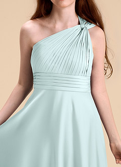 Azazie Charlize Junior Sea Glass A-Line Pleated Stretch Satin Dress image7