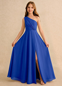 Azazie Puddles Girls Formal Robe Demoiselle D'honneur Fillette Robe Trapèze en Mousseline de soie Une épaule Bleu Roi image5